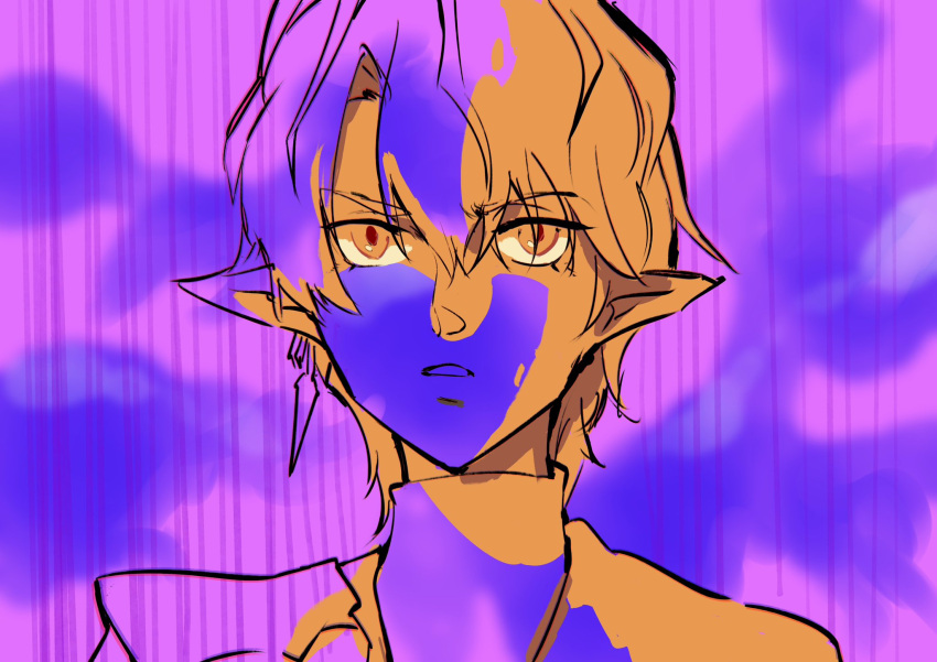 1980s_(style), 1boy, arknights, camille_(arknights), commentary_request, e-bushi, earrings, furrowed_brow, gundam, highres, jewelry, kamille_bidan, kitazume_hiroyuki_(style), mullet, name_connection, parody, parted_lips, pointy_ears, purple_background, retro_artstyle, short_hair, solo, turtleneck, zeta_gundam