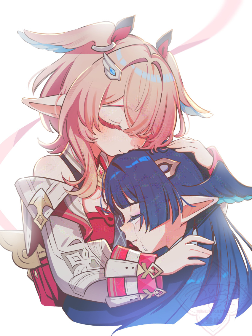 2girls, absurdres, bare_shoulders, blue_hair, blush, celaeno_(genshin_impact), closed_eyes, closed_mouth