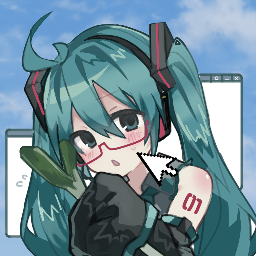 1girl, ahoge, aqua_eyes, aqua_hair, black_sleeves, blush, commentary, cursor