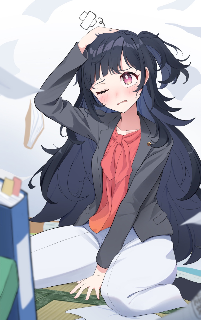 1girl, absurdres, akeishi_tsubaki, black_hair, black_jacket, blazer, highres, jacket