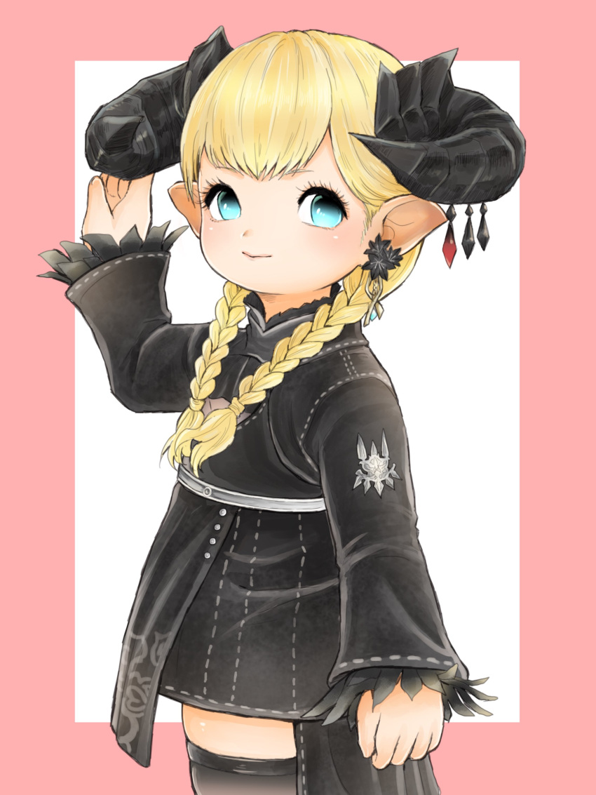 1girl, absurdres, aqua_eyes, arm_up, black_dress, black_horns, black_thighhighs, blonde_hair, border, braid, closed_mouth, commentary, cowboy_shot, demon_horns, dress, earrings, felicie_ff14, final_fantasy, final_fantasy_xiv, from_behind, hair_over_shoulder, highres, horns, jewelry, lalafell, long_hair, long_sleeves, looking_back, low_twin_braids, original, outside_border, pink_border, pointy_ears, single_earring, solo, thigh-highs, twin_braids, untranslatable_commentary, warrior_of_light_(ff14), white_background