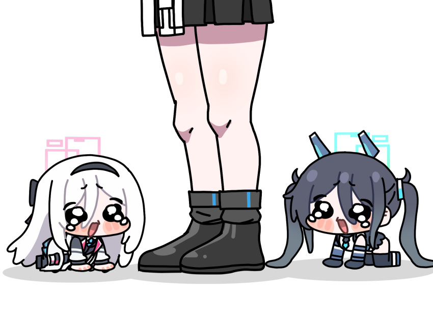3girls, all_fours, aris_(armed)_(blue_archive), aris_(blue_archive), black_hairband, black_shoes, black_skirt, blue_archive