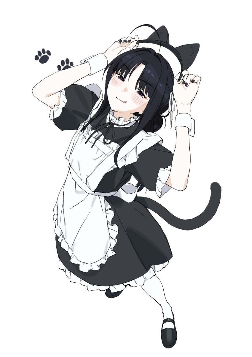 1girl, animal_ears, apron, arms_up, awa_subaru, black_dress, black_hair, blush