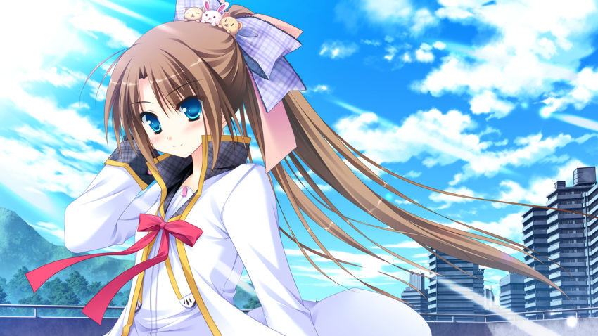 blue_eyes, brown_hair, diamic_days, game_cg, himenogawa_kanaka, ponytail, seifuku, sesena_yau, sky