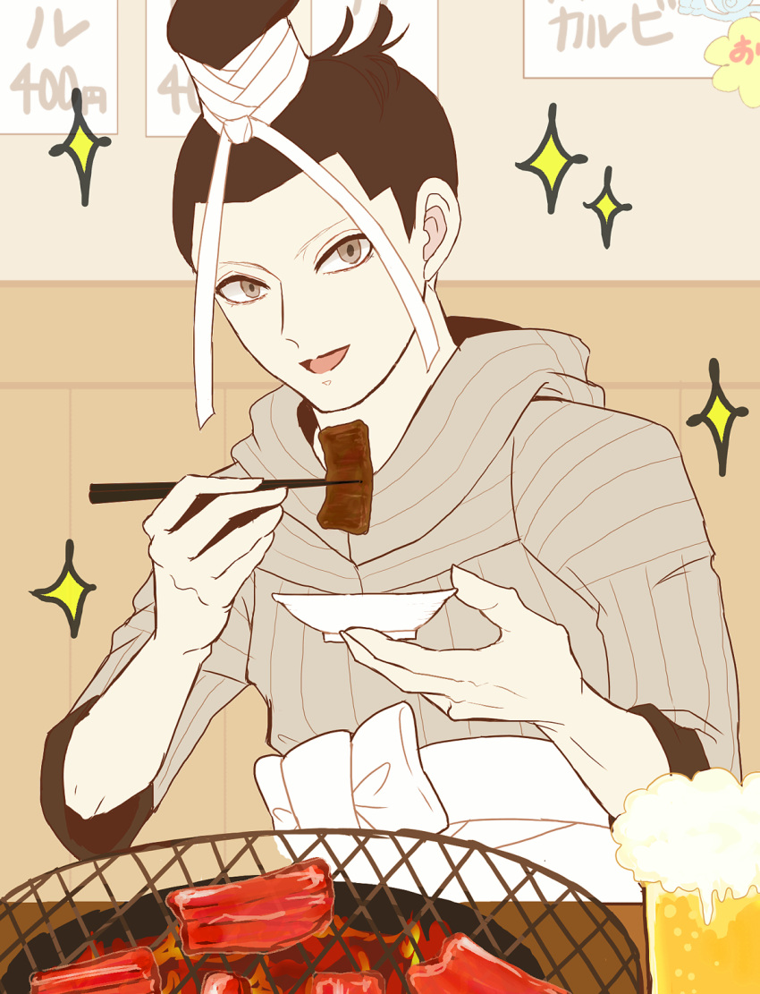 1boy, alcohol, beer, beer_mug, black_hair, chopsticks, commentary_request, cup