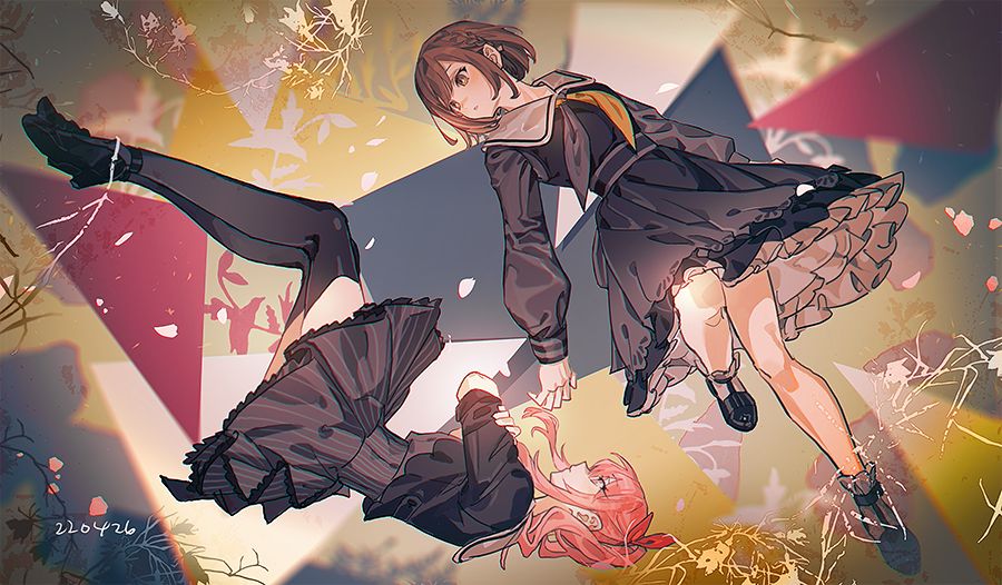 1girl, 1other, akiyama_mizuki, androgynous, black_shoes, black_thighhighs, braid, brown_eyes