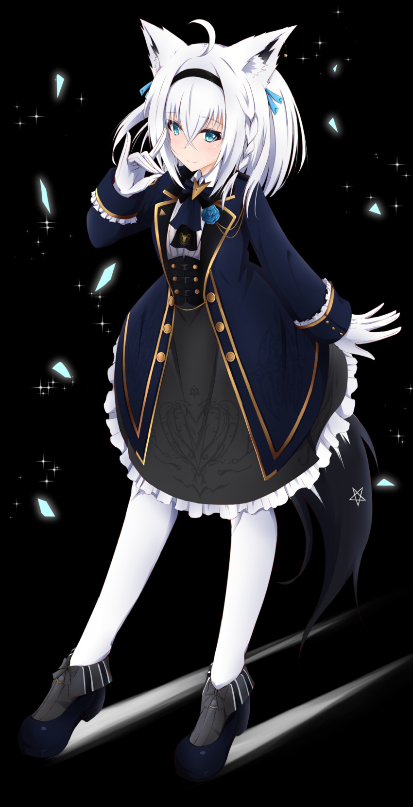 1girl, absurdres, ahoge, animal_ear_fluff, animal_ears, black_dress, black_headband, blue_jacket