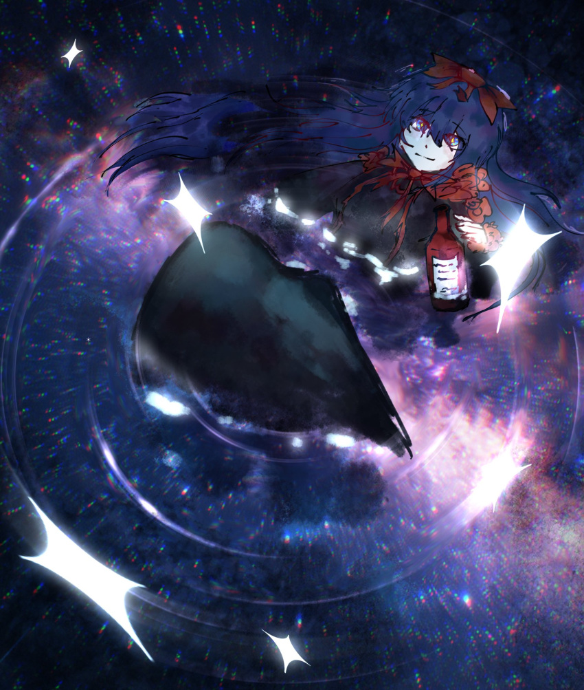 +_+, 1girl, alcohol, black_dress, black_souls, black_souls_2, blue_eyes, blue_hair, bottle, bow, bowtie, dress, flamestar1852, floating_hair, goth_fashion, gothic_lolita, hair_bow, highres, in_water, light_smile, lolita_fashion, long_dress, long_hair, looking_at_viewer, lying, lying_on_water, mabel_(black_souls), night, on_back, red_bow, red_bowtie, sky, smile, space, star-shaped_pupils, star_(sky), star_(symbol), starry_sky, symbol-shaped_pupils, wine, wine_bottle