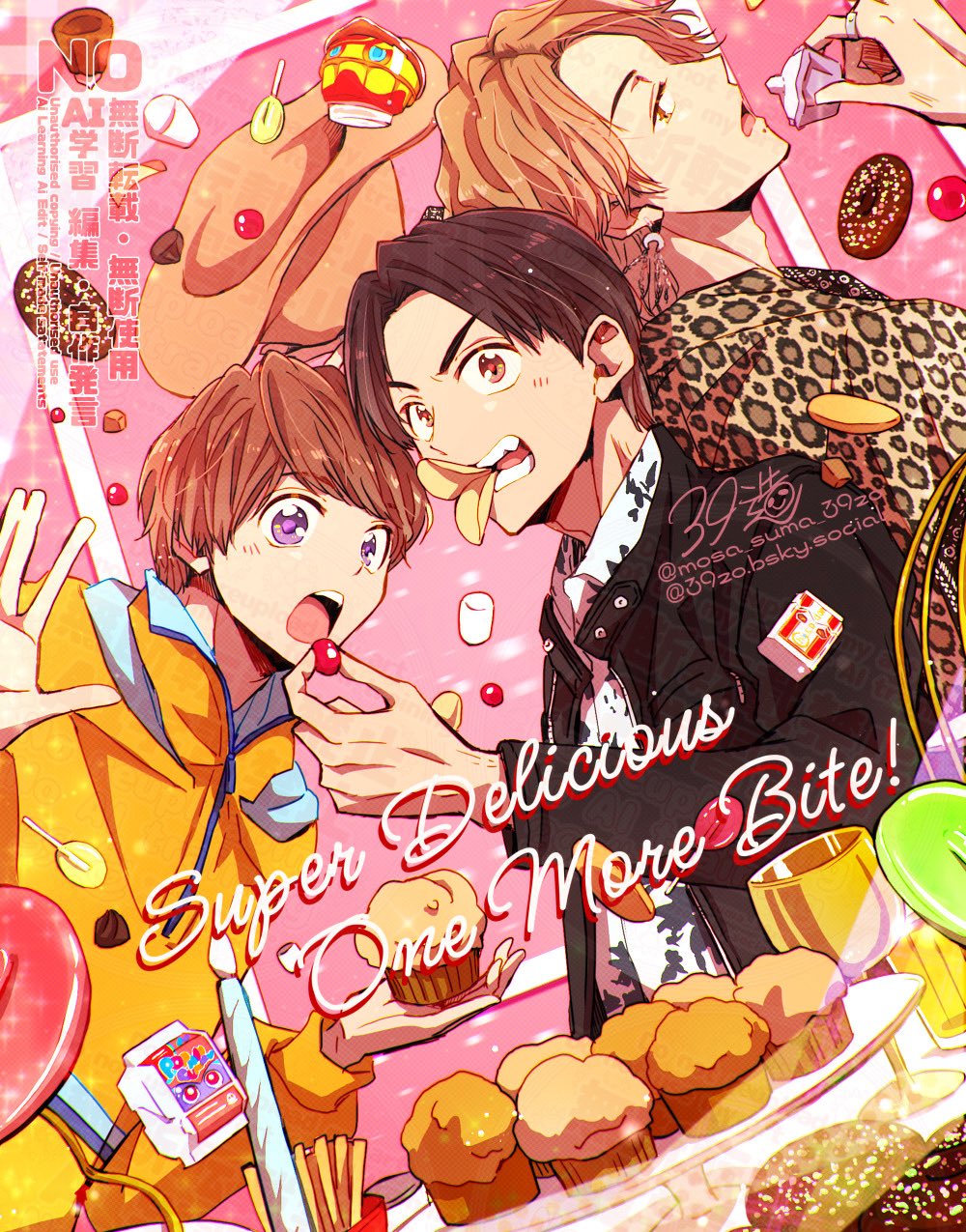 39zo, 3boys, 3others, animal_print, black_jacket, brown_hair, candy, chips_(food)