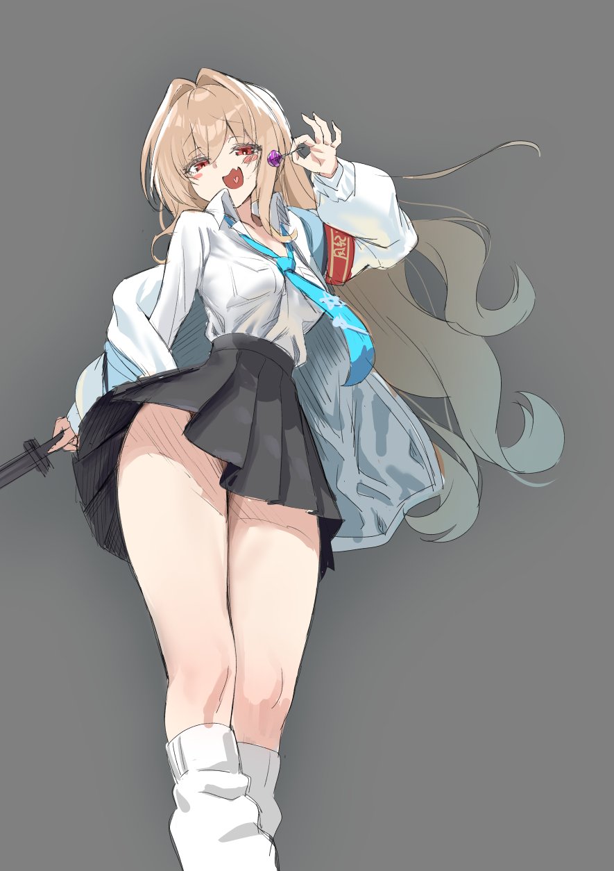 1girl, aqua_necktie, armband, black_skirt, blonde_hair, blush_stickers, candy, carina_gentile, commentary_request, floating_hair, food, from_below, grey_background, gyaru, harimayuslayer, heart_tongue, highres, holding, holding_candy, holding_food, holding_lollipop, jacket, jacket_partially_removed, lollipop, long_hair, loose_socks, muv-luv, muv-luv_girls_garden, necktie, open_mouth, red_eyes, shirt, skirt, socks, solo, white_shirt