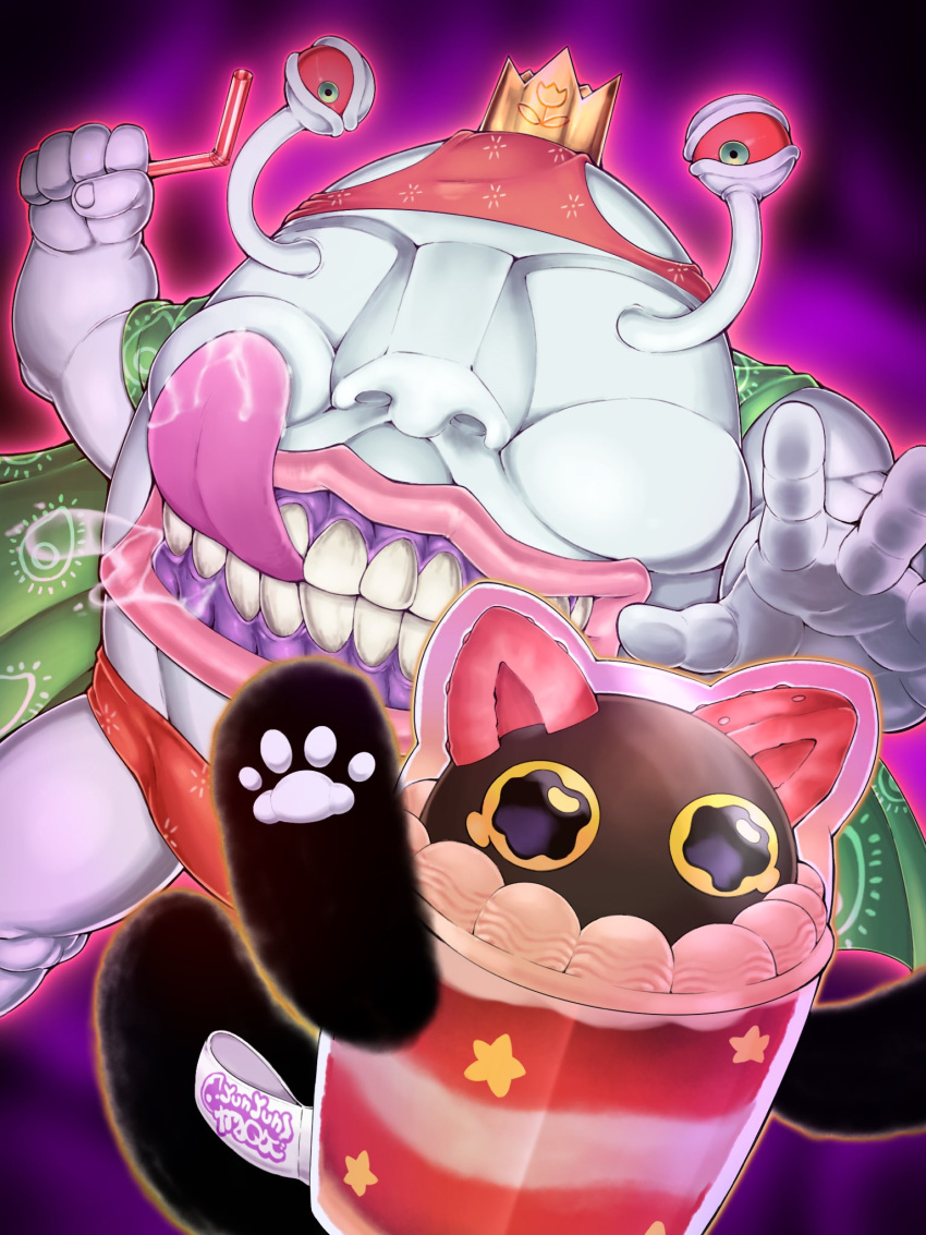 animal-themed_food, black_cat, cape, cat, cat_paw, colored_sclera, colored_skin, crown, cupsy_yummy, drinking_straw, duel_monster, food, food-themed_creature, fruit, gold_crown, green_cape, green_eyes, gums, highres, holding, holding_drinking_straw, lips, moltengates, no_humans, ojama_king, parfait, red_sclera, saliva, scared, strawberry, tag, tearing_up, teeth, tongue, underwear_on_head, wavy_eyes, white_skin, yellow_eyes, yu-gi-oh!