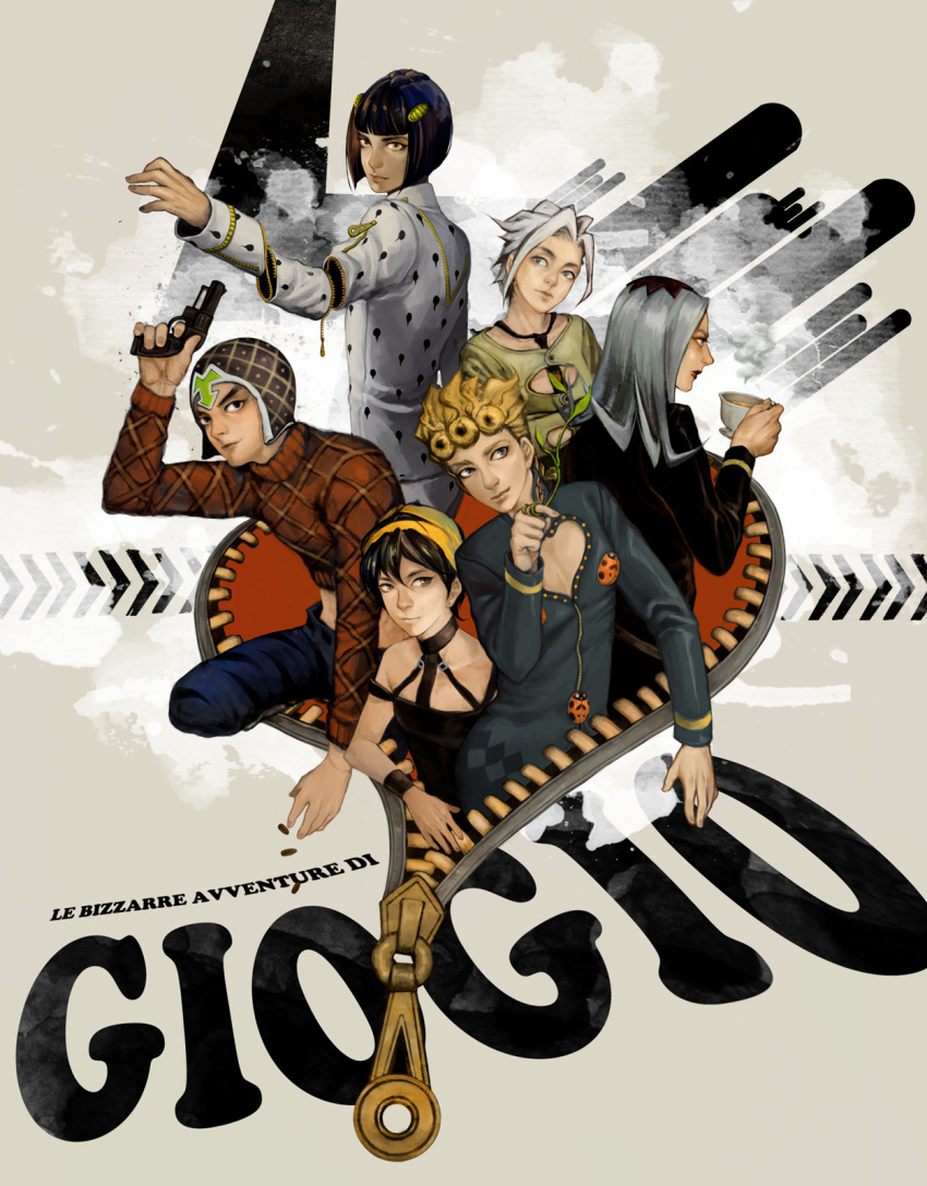 black_eyes, black_hair, black_lipstick, blonde_hair, blue_eyes, bob_cut, bruno_bucciarati, bullet, cup, formal, giorno_giovanna, grey_eyes, guido_mista, gun, hair_ornament, hairclip, half-shirt, hat, headband, highres, jojo_no_kimyou_na_bouken, ladybug, leone_abbachio, lipstick, long_hair, makeup, male, narancia_ghirga, necktie, pannacotta_fugo, pistol, plant, revolver, sakin, silver_hair, stand_(jojo), sticky_fingers_(stand), suit, sweater, teacup, weapon, white_hair, wristband, zipper