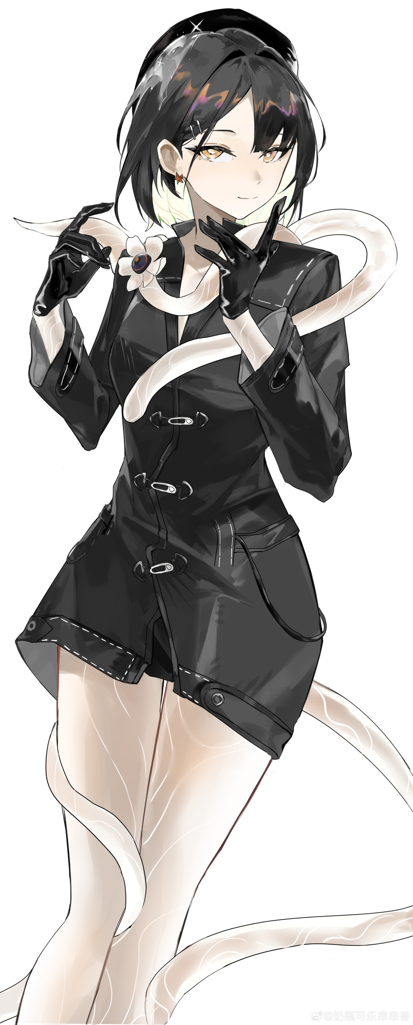 1girl, absurdres, black_dress, black_gloves, black_hair, black_hat, closed_mouth, dress, feet_out_of_frame, gloves, hands_up, hat, highres, incredibly_absurdres, jie_(xinyue_tongxing), long_sleeves, looking_at_viewer, naiping_kele, pantyhose, short_dress, short_hair, smile, snake, solo, watermark, weibo_watermark, white_background, white_pantyhose, xinyue_tongxing, yellow_eyes