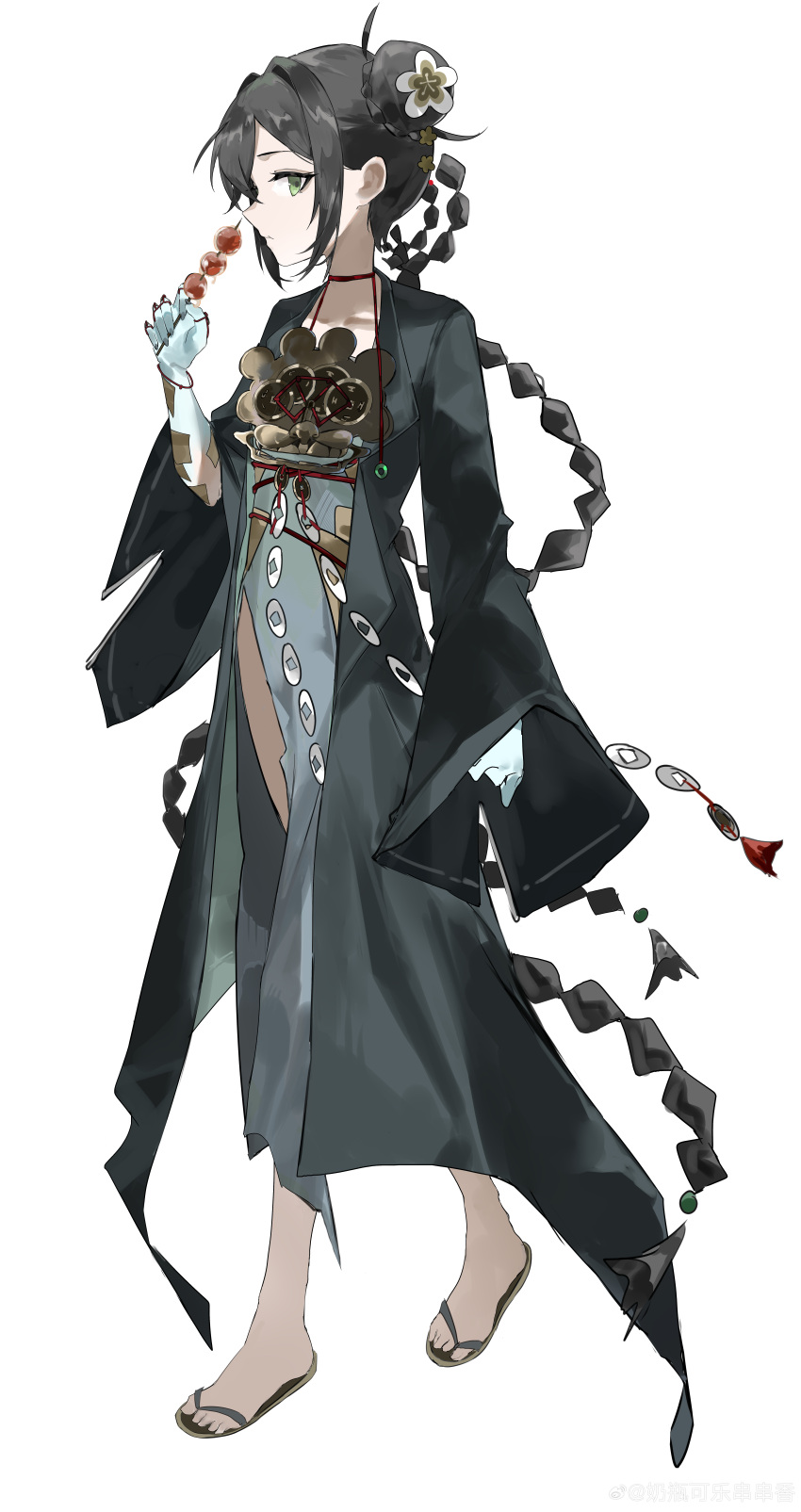 1girl, absurdres, black_coat, black_hair, blue_hands, buzhichun_(xinyue_tongxing), coat, double_bun, dress, flip-flops, flower, food, from_side, full_body, green_eyes, grey_dress, hair_bun, hair_flower, hair_ornament, hand_up, highres, holding, holding_food, incredibly_absurdres, long_braid, naiping_kele, profile, sandals, solo, tanghulu, walking, watermark, weibo_watermark, white_background, white_flower, xinyue_tongxing