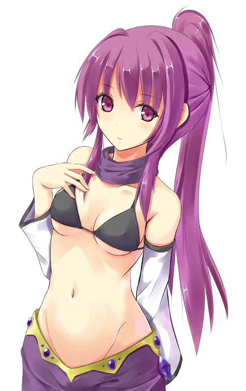 bare_shoulders, bikini_top, blush, breasts, cosplay, detached_sleeves, expressionless, hand_on_own_chest