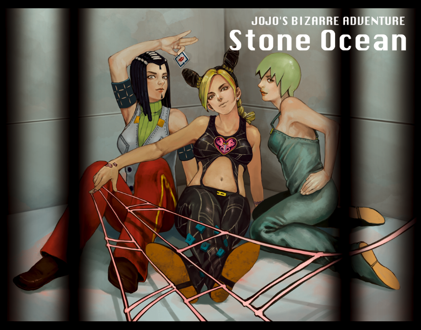 armband, bare_shoulders, black_hair, blonde_hair, foo_fighters, green_hair, grey_eyes, hairlocs, hand_on_hip, hermes_costello, hips, jojo_no_kimyou_na_bouken, kiss_(stand), kneeling, kuujou_jolyne, midriff, multicolored_hair, multiple_girls, navel, overalls, ponytail, prison, sakin, scar, short_hair, sitting, sleeveless, smile, stand_(jojo), sticker, stone_free, turtleneck, two-tone_hair, web
