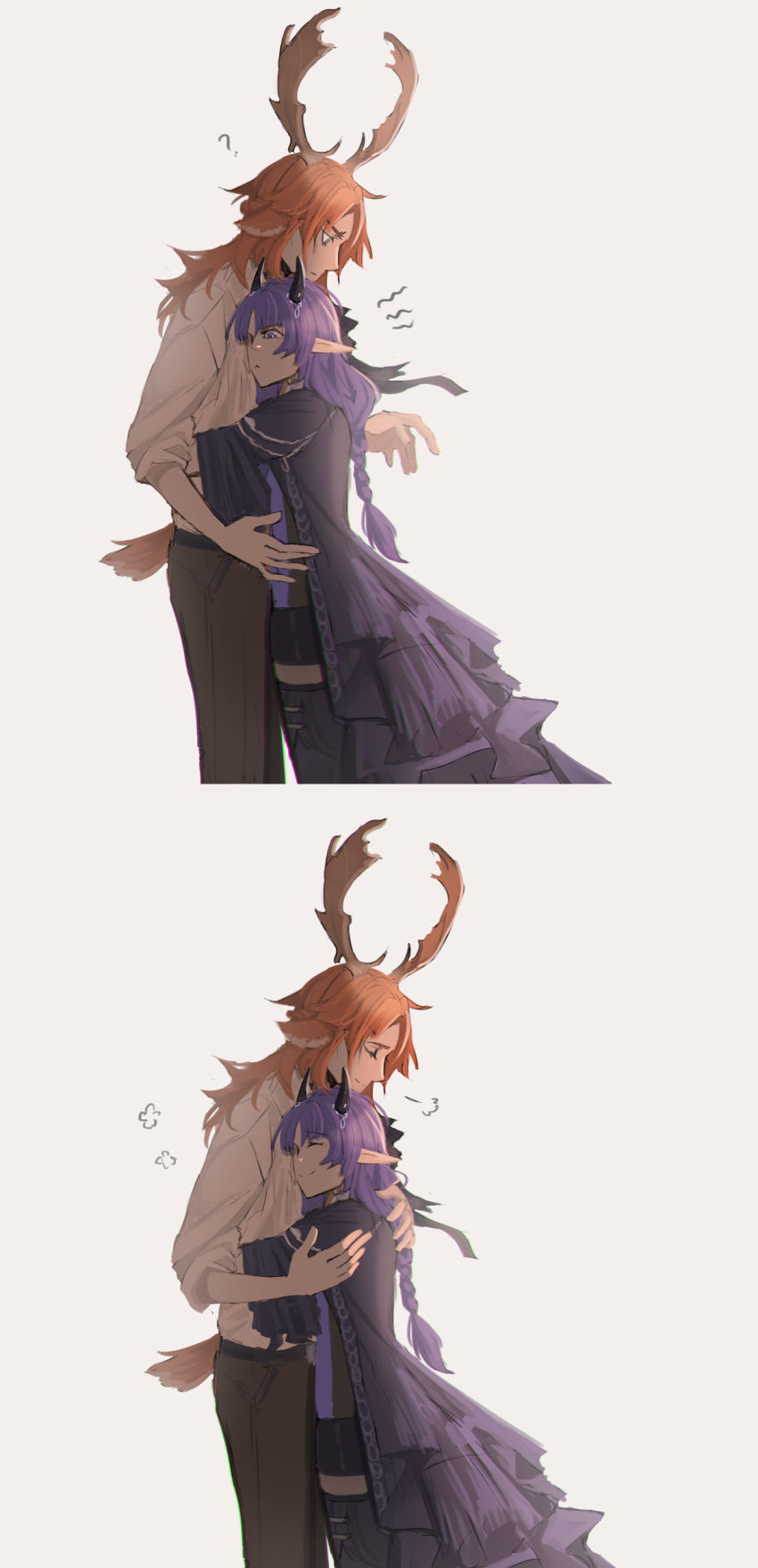 1boy, 1girl, ?, absurdres, antlers, arknights, braid, czerny_(arknights)