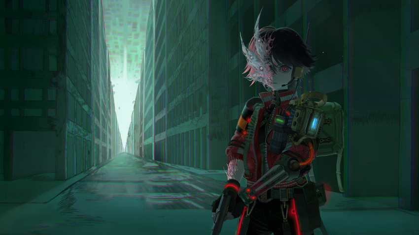 1girl, absurdres, anomalith, backpack, bag, black_hair, city, expressionless, gun, handgun, headset, highres, looking_at_viewer, military_operator, mon_(monmon2133), mutation, official_art, red_eyes, short_hair, solo, weapon