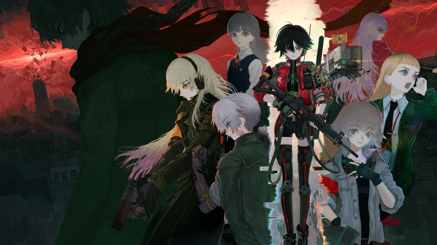 6+girls, absurdres, anomalith, assault_rifle, black_hair, blonde_hair, boots, city, coat, fingerless_gloves, gloves, grey_eyes, grey_hair, gun, handgun, headset, highres, long_hair, looking_at_viewer, mechanical_arms, military_operator, mon_(monmon2133), multiple_girls, necktie, official_art, open_mouth, ponytail, profile, red_eyes, red_sky, rifle, robot, scarf, science_fiction, short_hair, short_shorts, shorts, single_mechanical_arm, sky, smile, thigh-highs, weapon