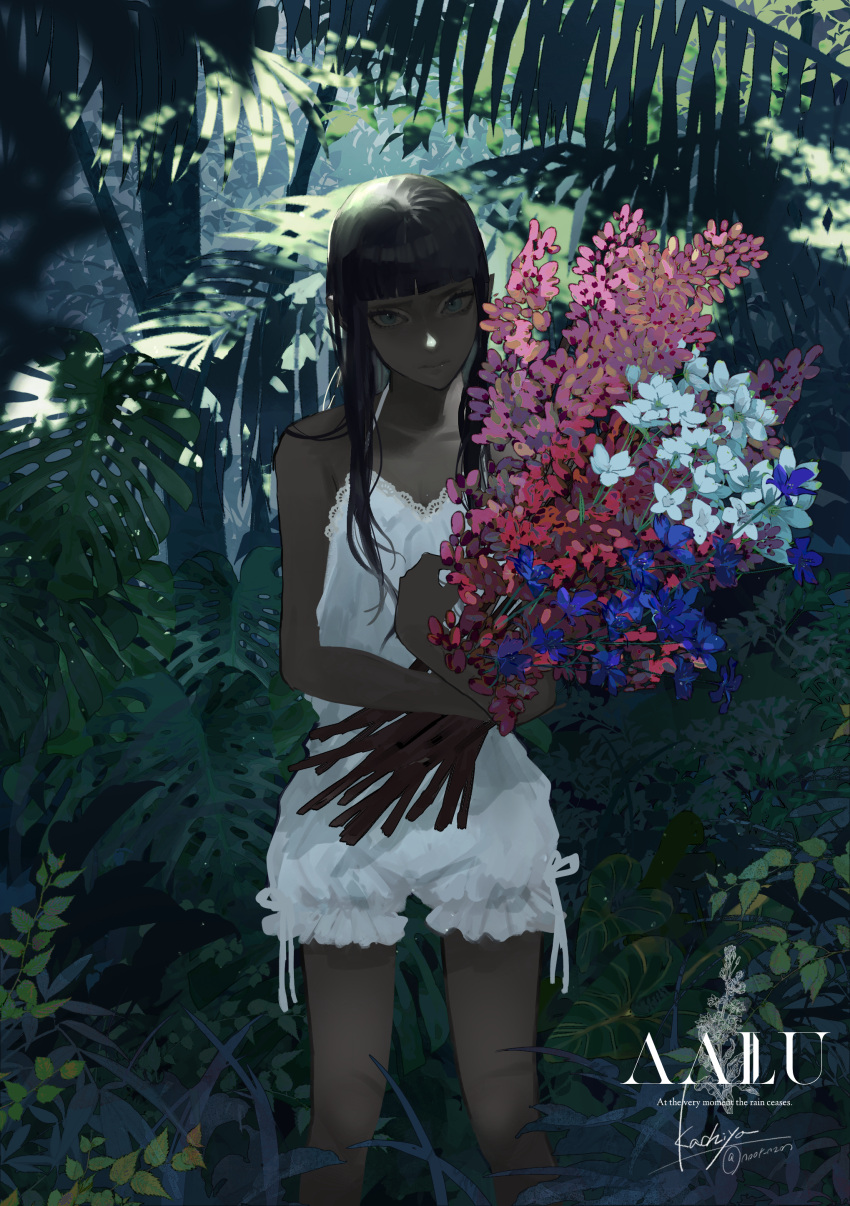1girl, absurdres, artist_name, bare_shoulders, black_hair, blue_eyes, blue_flower, blunt_bangs, blurry, blurry_foreground, branch, closed_mouth, collarbone, commentary, dappled_sunlight, dim_lighting, english_text, feet_out_of_frame, flower, foliage, forest, frilled_romper, frills, furrowed_brow, head_tilt, highres, holding, holding_flower, hugging_object, jungle, leaf, light_frown, long_hair, long_sidelocks, looking_at_viewer, loose_hair_strand, nature, noor_nzm, original, outdoors, palm_leaf, pink_flower, plant, red_flower, ribbon, romper, shade, shadow, sidelocks, signature, sleeveless, solo, spaghetti_strap, sunlight, too_many_flowers, tree, tropical, twitter_username, untranslatable_commentary, white_flower, white_ribbon, white_romper