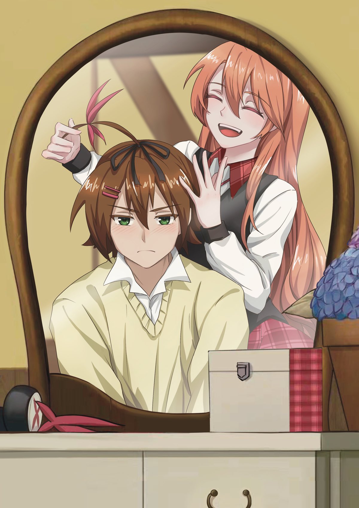1boy, 1girl, ahoge, akame_ga_kill!, black_ribbon, black_vest, brown_hair, chelsea_(akame_ga_kill!)