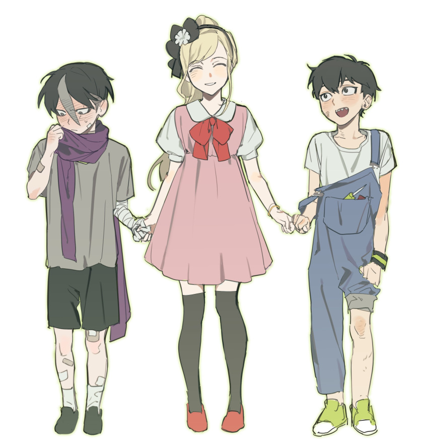 1girl, 2boys, absurdres, aged_down, black_hair, black_shorts, black_thighhighs, blonde_hair