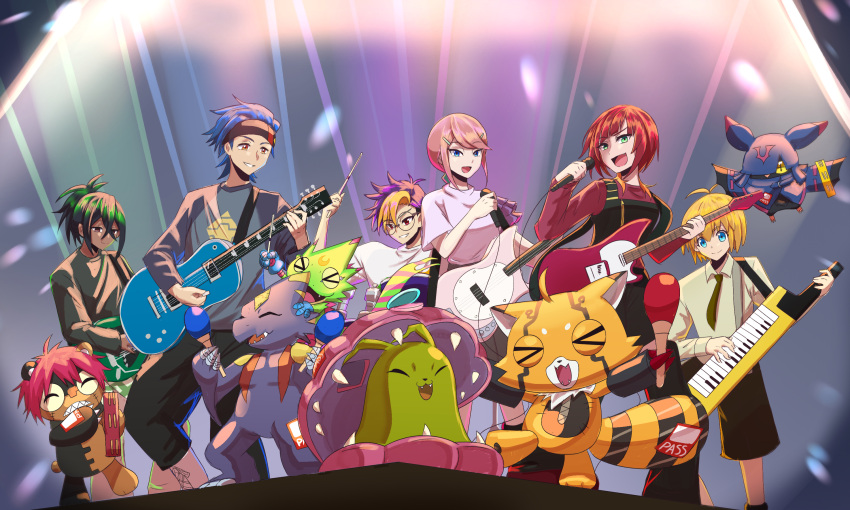 2girls, 3boys, alternate_costume, chiropmon, digimon, digimon_beatbreak, doodledigi, drumsticks