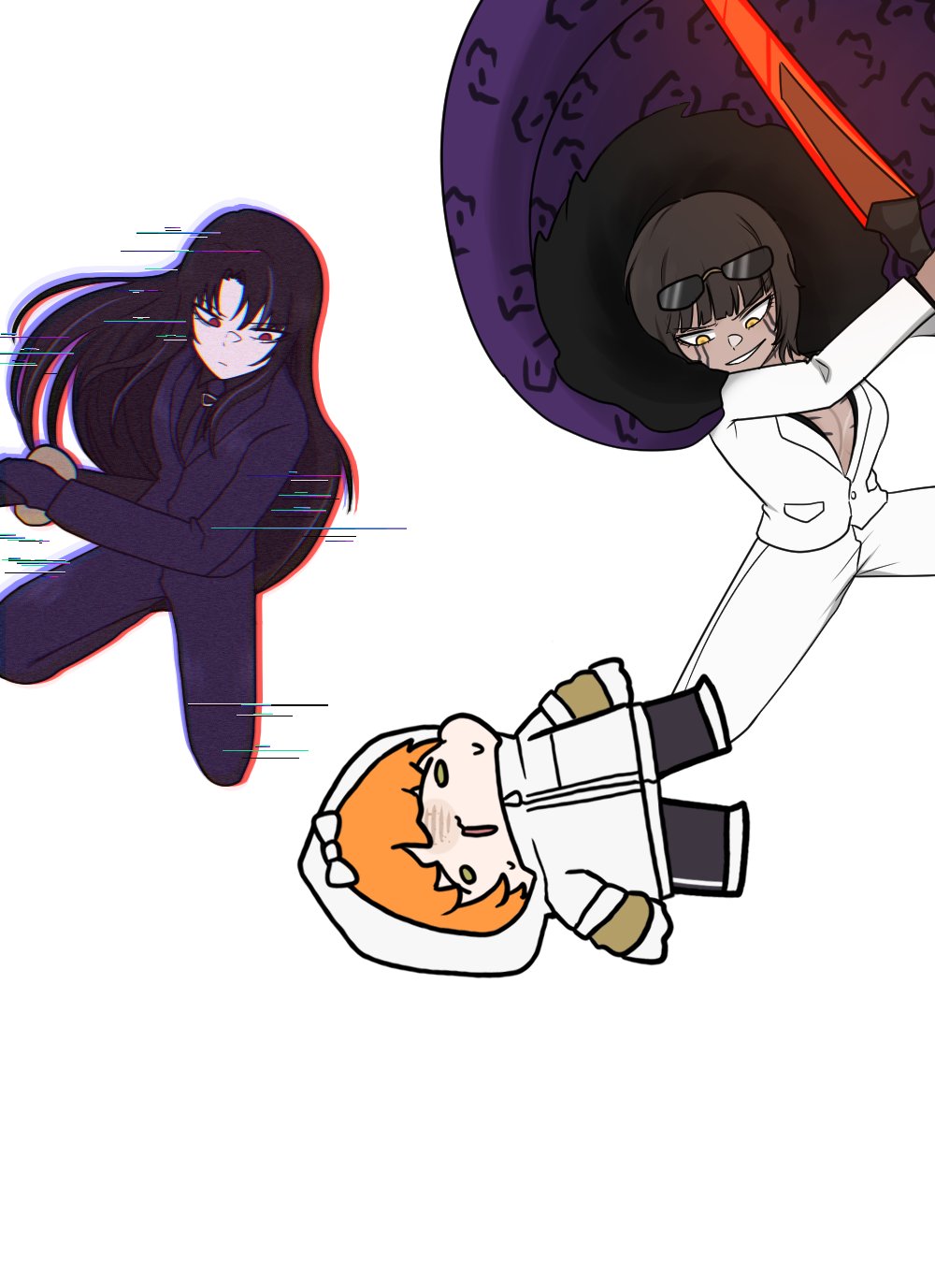3girls, black_hair, brown_hair, dark-skinned_female, dark_skin, facial_tattoo, highres, hood, hoodie, impending_doom, ishmael_(project_moon), limbus_company, long_hair, manapilyo, middle_(identity)_(project_moon), multiple_girls, orange_hair, outis_(project_moon), pinky_(identity)_(project_moon), project_moon, ryoshu_(project_moon), scared, short_hair, sword, tattoo, weapon, white_background