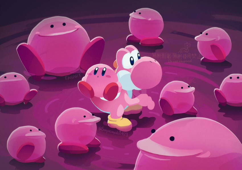 boots, closed_mouth, company_connection, crossover, highres, kirby, kirby_(series), milde, no_humans, pink_yoshi, riding, sitting, smile, solid_circle_eyes, standing, super_mario_bros., suyasuyabi, twitter_username, yellow_boots, yoshi, yoshi_and_the_mysterious_book
