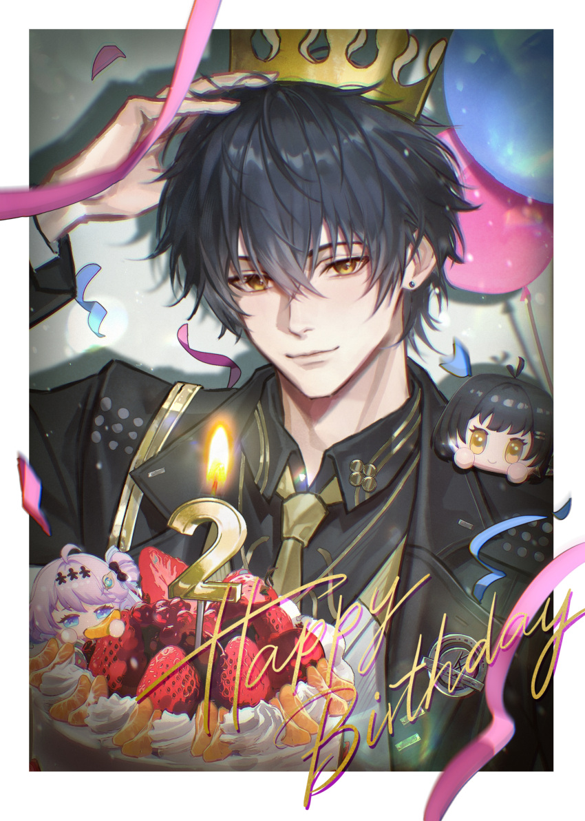 1boy, absurdres, black_hair, black_jacket, border, cake, chinese_commentary, chromatic_aberration