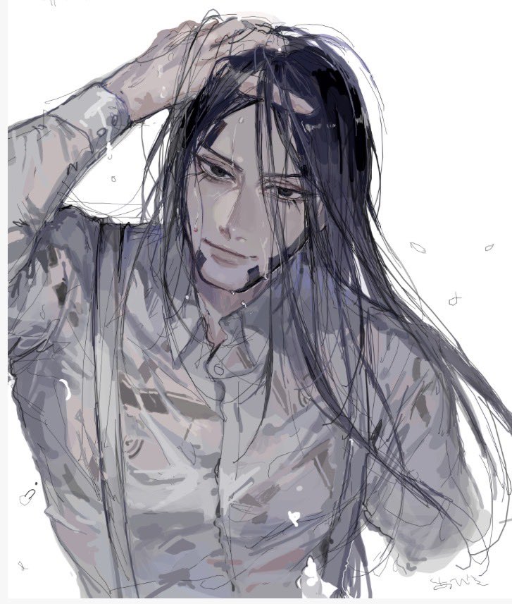 1boy, black_eyes, black_hair, facial_hair, golden_kamuy, long_hair, long_sleeves, looking_at_viewer