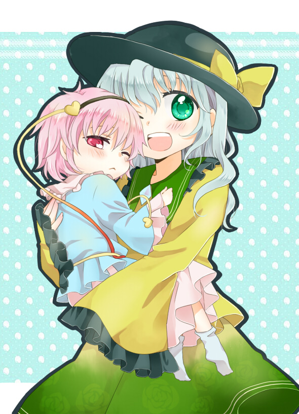 blush, carrying, chikamichi_(ssssgirl), child, green_eyes, hairband, hat, heart