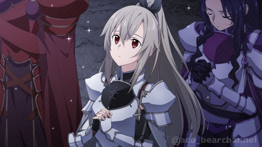 1boy, 2girls, absurdres, aco_(bearchannel), armor, artist_name, black_armor, black_gloves, black_jacket, black_ribbon, breastplate, breasts, brown_hair, brown_trim, cloak, closed_mouth, collared_jacket, cowboy_shot, dark, detached_sleeves, deusolbert_(sao), eydis_(sao), facing_down, fanatio_synthesis_two, fingerless_gloves, gloves, grey_cloak, hair_ribbon, head_out_of_frame, high_collar, highres, integrity_knight_armor, jacket, long_hair, long_sleeves, looking_up, messy_hair, multiple_girls, night, outdoors, pauldrons, praying, purple_armor, purple_cloak, purple_jacket, red_armor, red_cloak, red_eyes, red_robe, ribbon, robe, shoulder_armor, sidelocks, sleeveless, sleeveless_jacket, small_breasts, sparkle, sword_art_online, sword_art_online:_alicization, sword_art_online:_unleashed_blading, tassets, too_many_watermarks, twitter_username, upper_body, vambraces, watermark, wavy_hair, white_armor, white_trim
