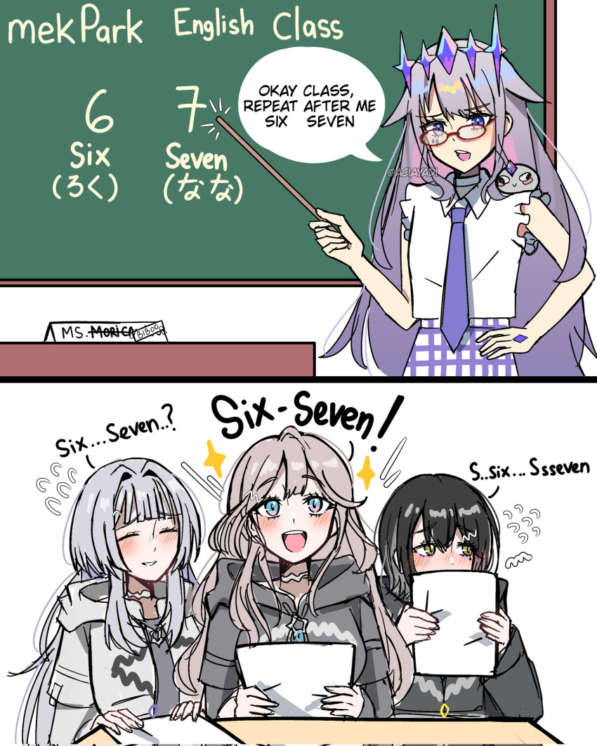 aciayadi, black_hair, blue_eyes, chalkboard, collarbone, glasses, grey_hair, hair_ornament, highres, hololive, hololive_english, jewel_under_eye, kiyosumi_lyra, koseki_bijou, long_hair, long_sleeves, mekpark, multicolored_hair, multiple_girls, open_mouth, pebble_(koseki_bijou), pleated_skirt, reimei_mira, short_hair, skirt, smile, standing, thigh-highs, violet_eyes, virtual_youtuber, white_background, yoinagi_neon