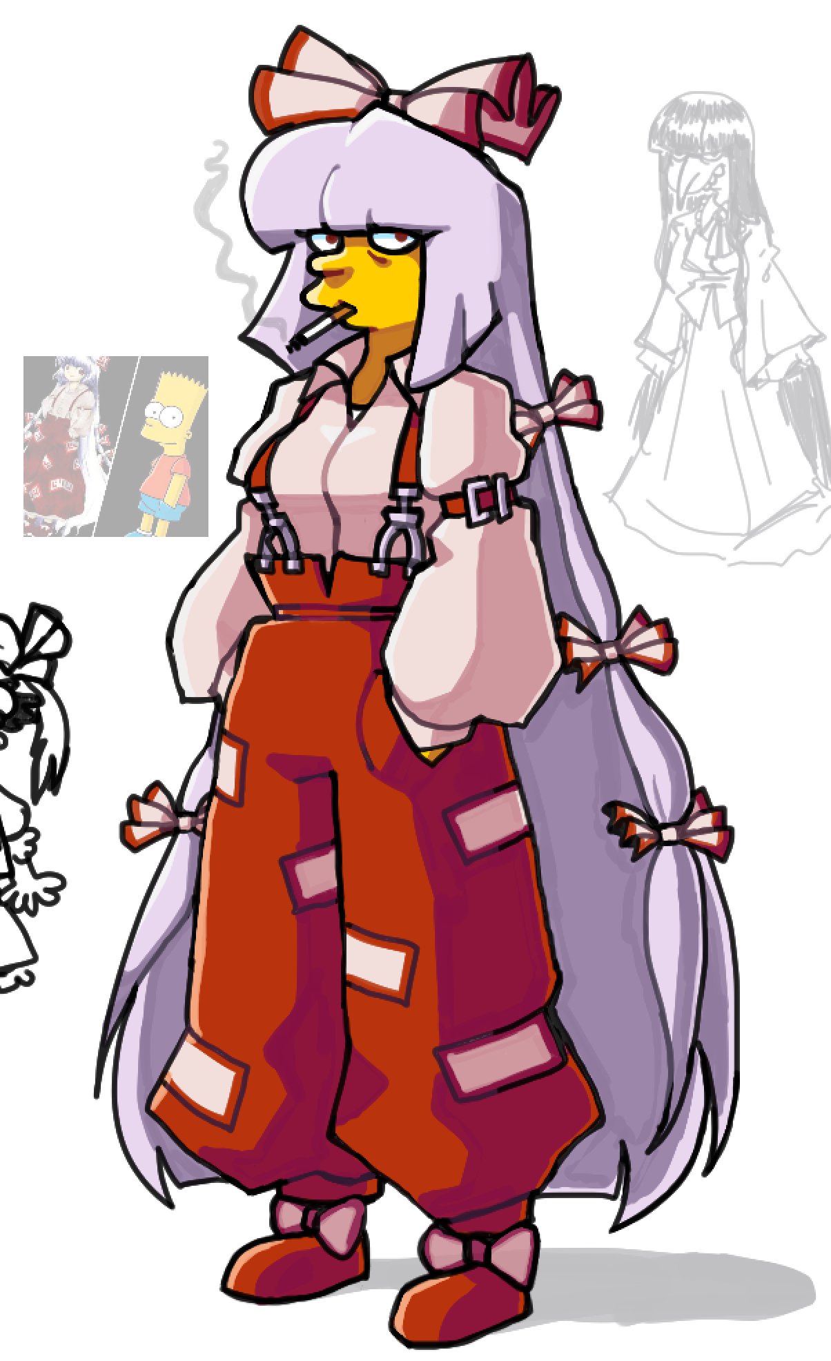 bart_simpson, bow, cigarette, crossover, fujiwara_no_mokou, full_body, grey_hair, hair_bow