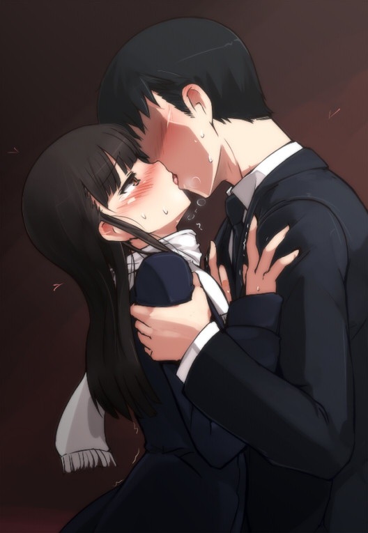 1girl, arm_grab, black_hair, blush, breath, brown_eyes, brown_hair, couple