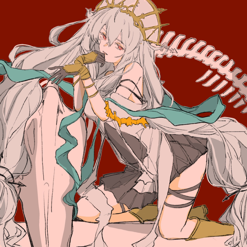 1girl, ahoge, animal_skeleton, aqua_ribbon, arknights, black_dress, black_gloves, braid