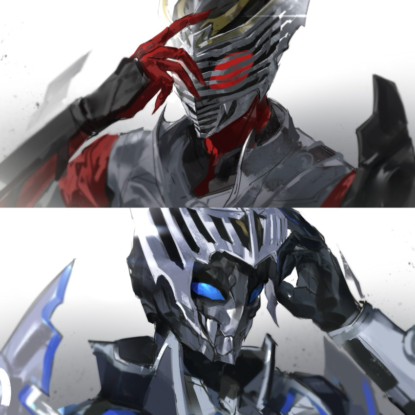 2boys, armor, chinese_commentary, commentary_request, gradient_background, hand_up, helmet, highres