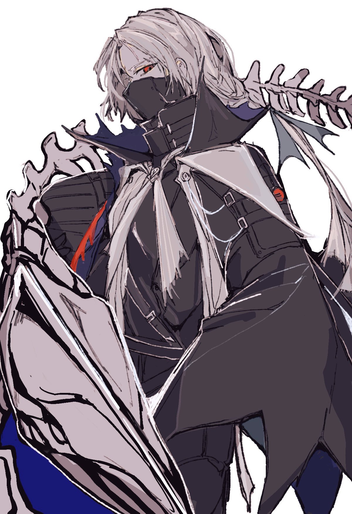 1boy, animal_skeleton, arknights, black_cloak, black_mask, bone, cloak, commentary_request