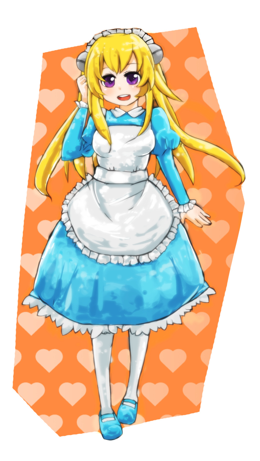 adjusting_hair, apron, blonde_hair, blue_eyes, dress, frills, heart, highres