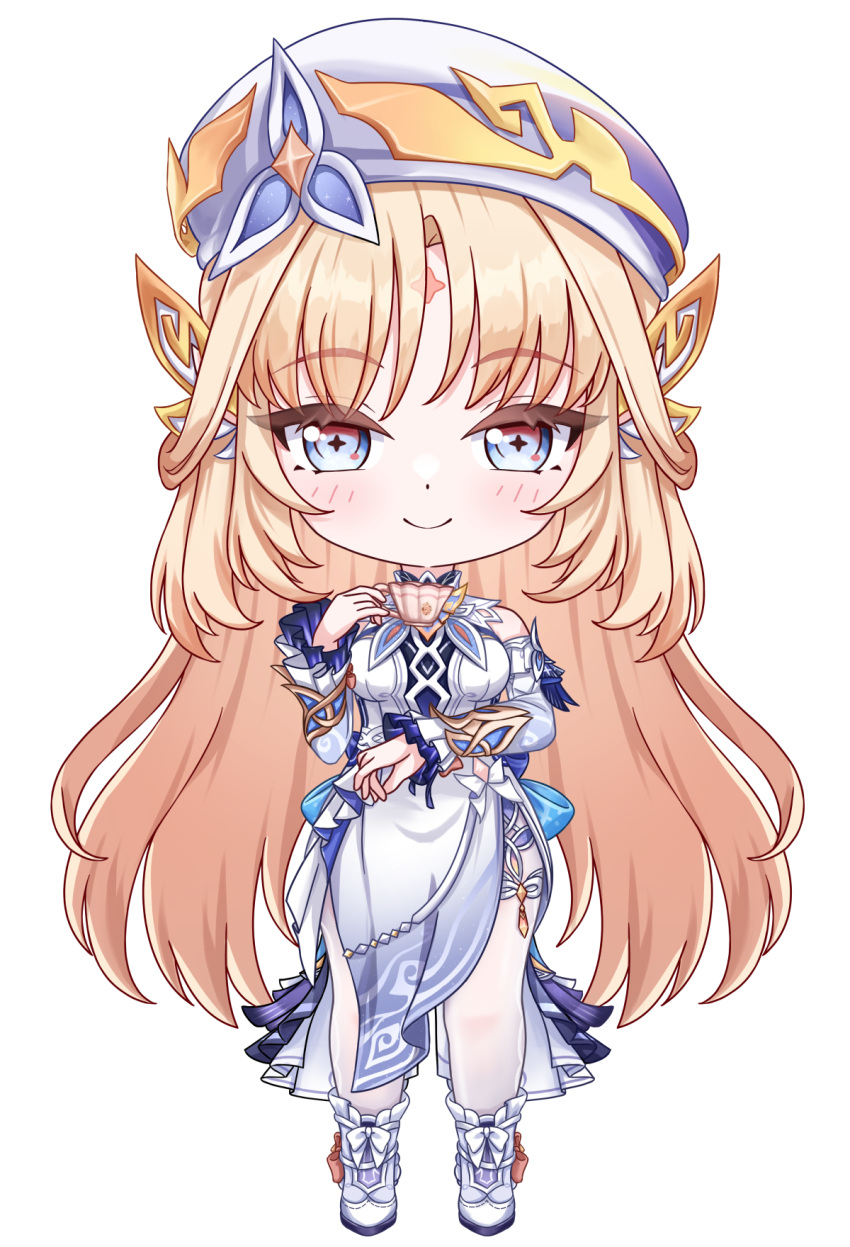 1girl, blonde_hair, blue_eyes, blush, boots, breasts, chibi, closed_mouth, commentary_request, detached_sleeves, dress, full_body, genshin_impact, hat, highres, korean_commentary, kuma_piv, long_hair, long_sleeves, looking_at_viewer, medium_breasts, nicole_(genshin_impact), pantyhose, simple_background, smile, solo, standing, very_long_hair, white_background, white_dress, white_pantyhose