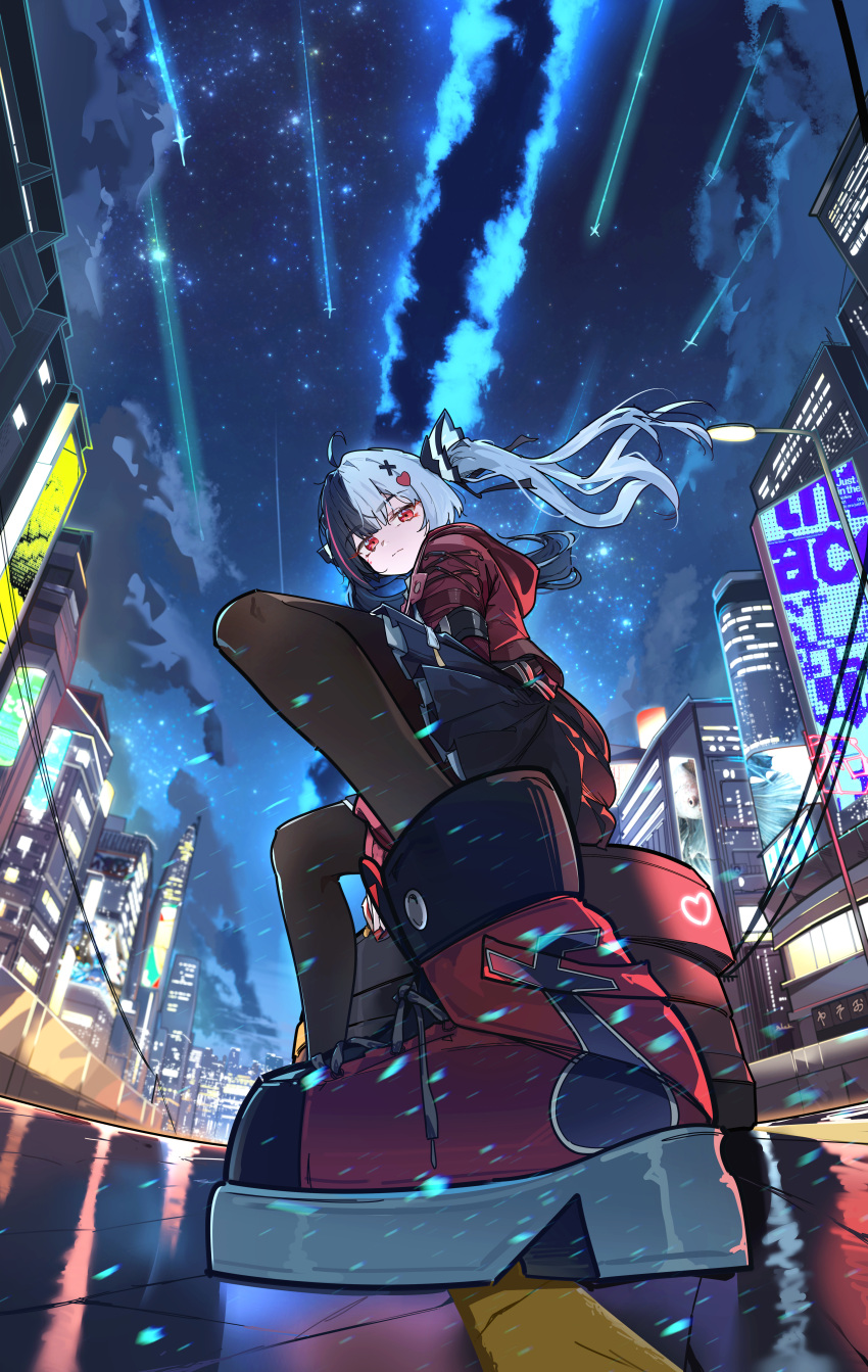 1girl, absurdres, ahoge, black_hair, black_pantyhose, building, cable, city