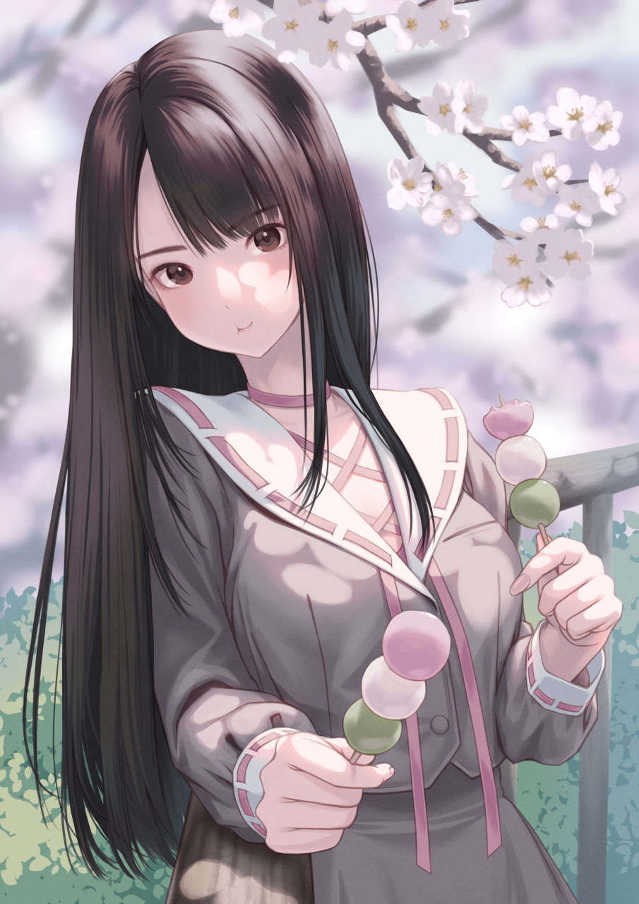 1girl, against_railing, black_hair, blurry, blurry_background, breasts, brown_eyes, closed_mouth, commentary_request, cowboy_shot, dango, flower_request, food, food_in_mouth, grey_shirt, guitaristkaz, highres, holding, holding_food, long_hair, looking_at_viewer, medium_breasts, original, railing, sailor_collar, sanshoku_dango, shirt, solo, swept_bangs, wagashi, white_sailor_collar