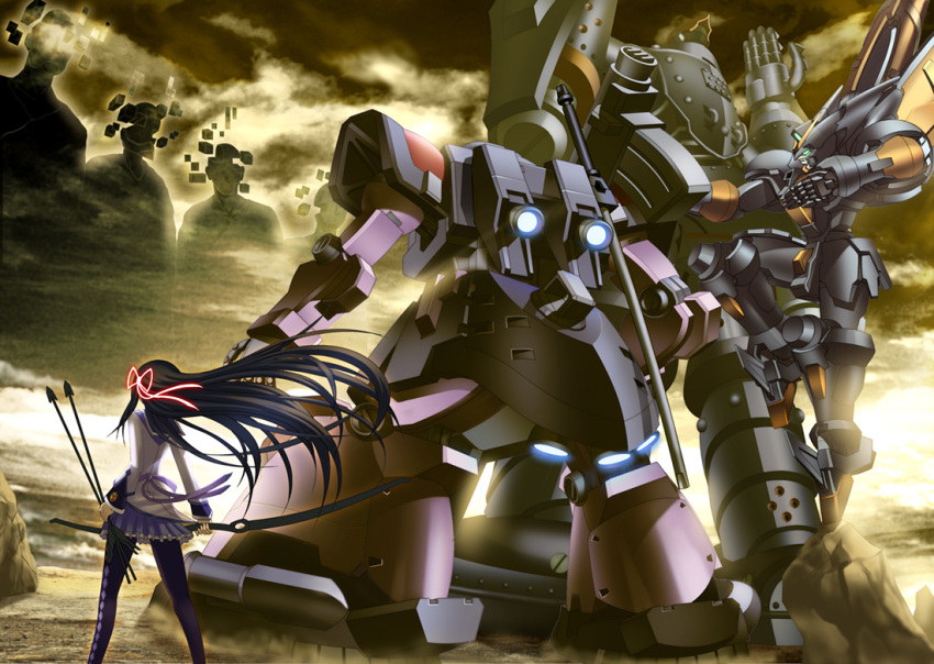 akemi_homura, arrow, big_o_(mecha), black_hair, bow_(weapon), cloudy_sky, crossover, demon_(madoka_magica)