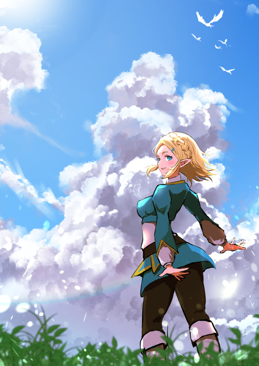 1girl, absurdres, awnw, black_pantyhose, blonde_hair, blue_eyes, blue_tunic, braid
