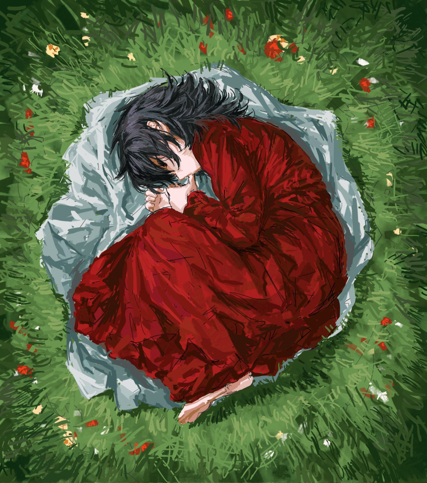 1girl, barefoot, black_hair, closed_eyes, curled_up, dress, fetal_position, flower