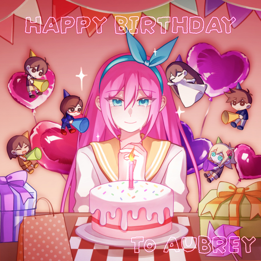 3girls, 4boys, absurdres, antenna_hair, aubrey_(faraway)_(omori), aubrey_(omori), bag, balloon