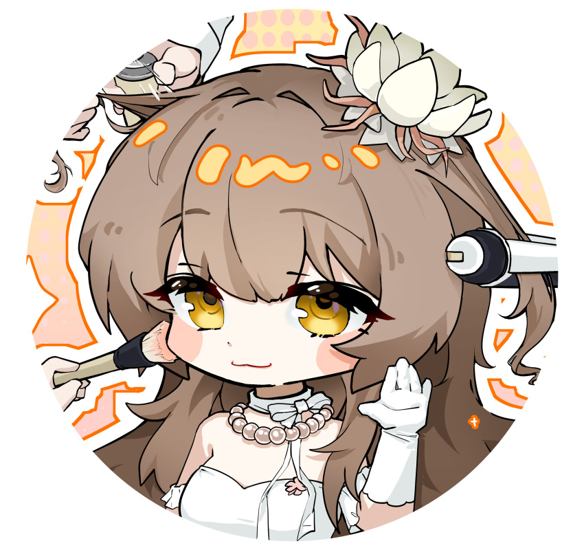 1girl, absurdres, artist_request, blush_stickers, brown_eyes, brown_hair, character_request, chibi