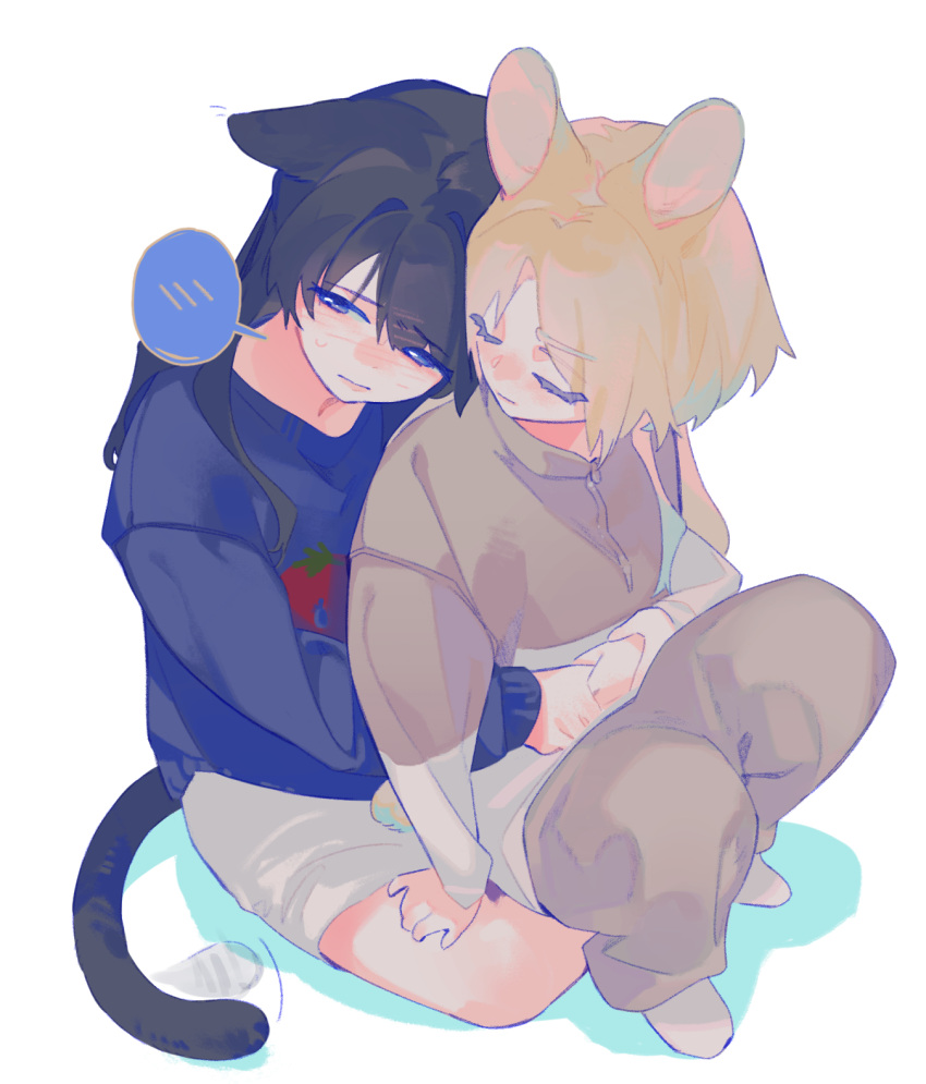 2girls, animal_ears, averting_eyes, black_hair, blonde_hair, blue_eyes, brown_pants, brown_shirt