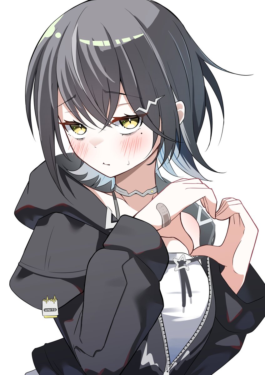 1girl, black_hair, blush, heart, heart_hands, hizukoko, mekpark, mole